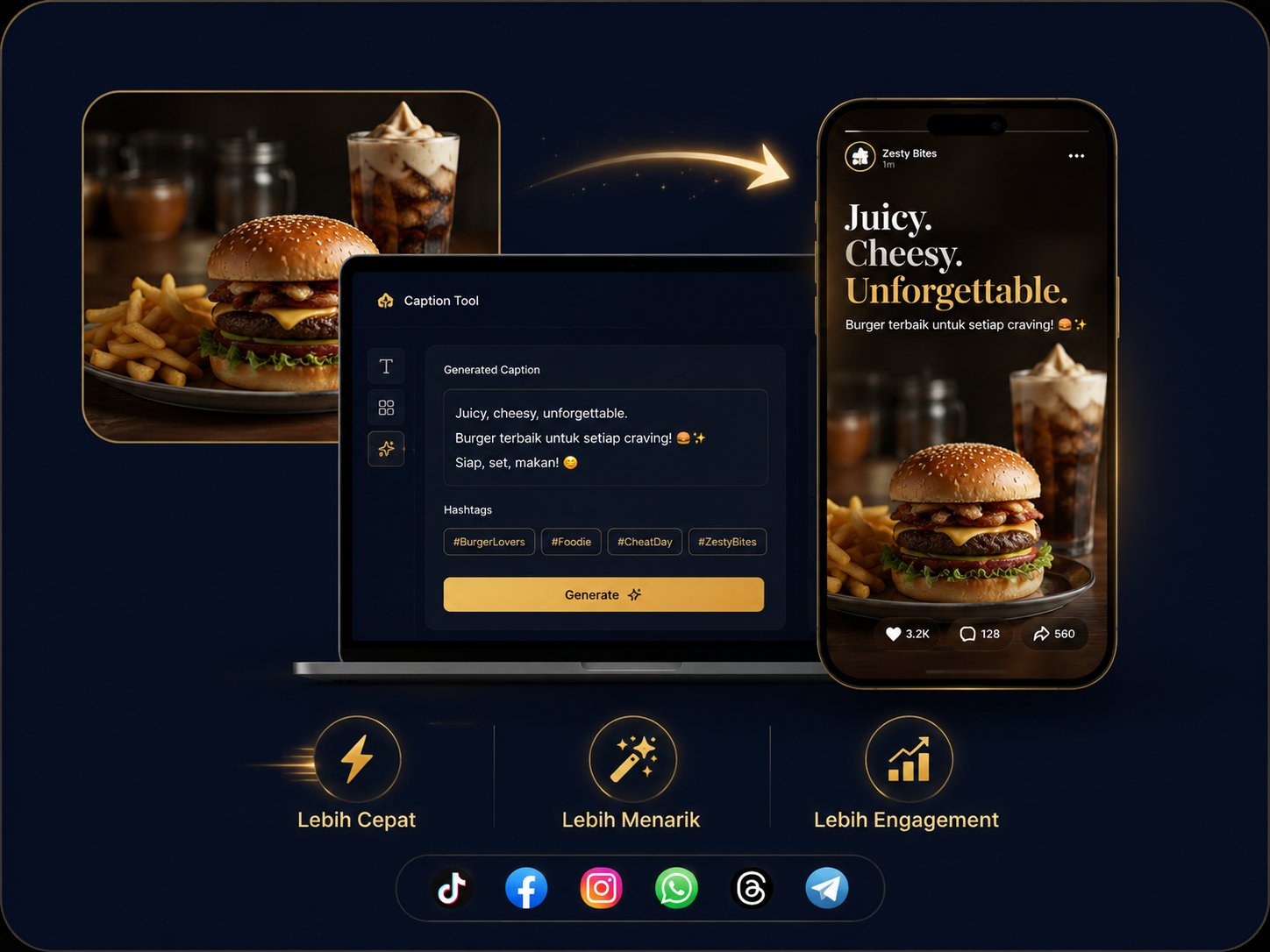 Demo AbOM Caption Viral F&B: caption tool menjana caption Instagram untuk burger — lebih cepat, lebih menarik, lebih engagement
