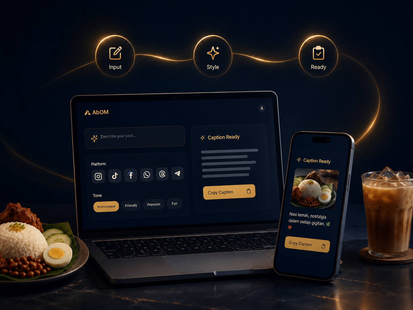 AbOM Caption Viral F&B — 1 tool, 4 platform: TikTok, Facebook, Instagram, WhatsApp